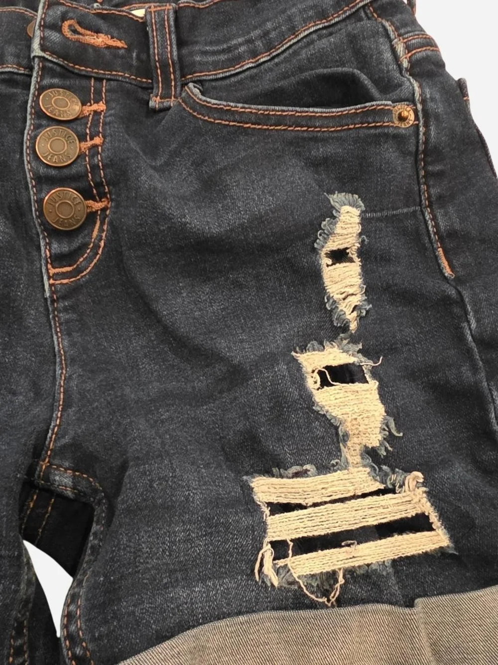 Justice Dark Blue Distressed Roll-Cuff Denim Shorts